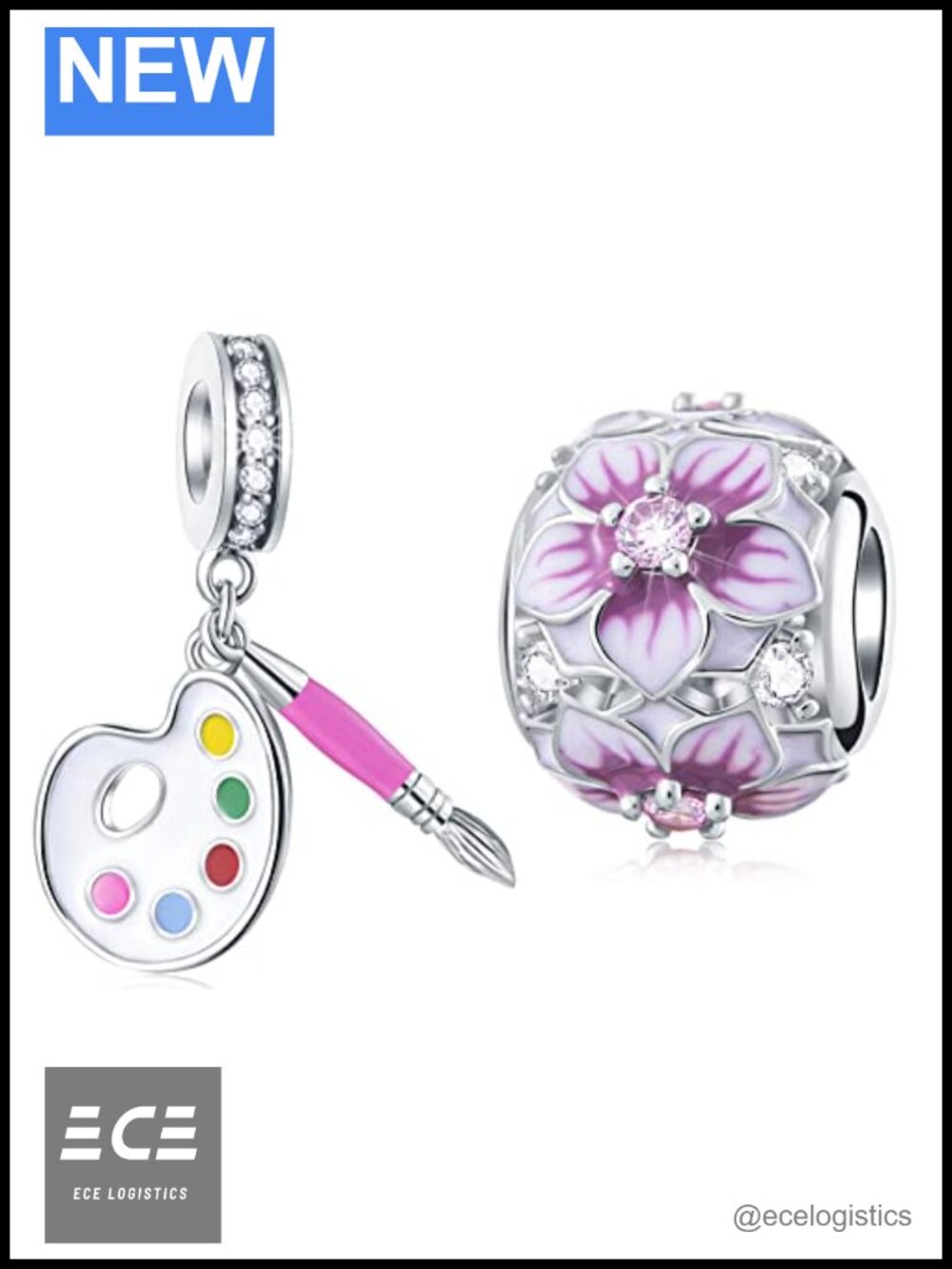 925 Sterling Silver Artist Palette Paint Brush Magnolia Charm Set for Bracelet